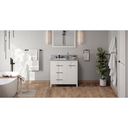 Jeffrey Alexander 36In. White Katara Vanity, Left Offset, Steel Grey Cultured Marble Vanity Top, Undrmnt Rctngl Bowl VKITKAT36WHSGR